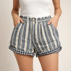 Anthropologie Pilcro  blue striped high waisted shorts with gingham hem Women 25